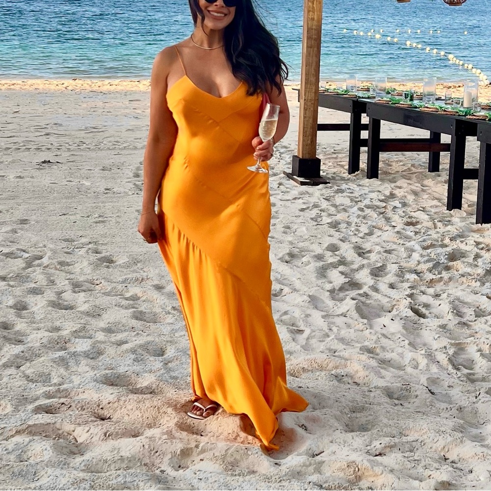 Cult Gaia Chrissy gown in Marigold - Golden Satin Slip Maxi Dress with V-Neck - Picture 2 of 2